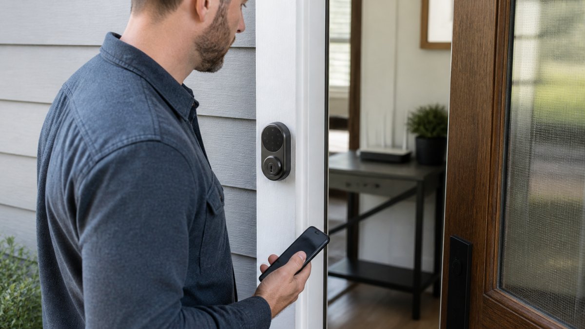 Homeowner checking a smart lock connection with a smartphone near a Wi-Fi router by the front door