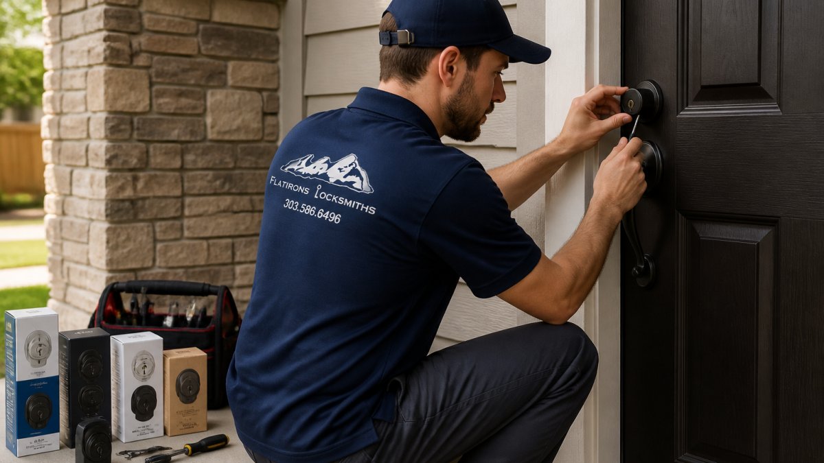 Locksmith installing a modern deadbolt for residential door locks on a front door with tools nearby