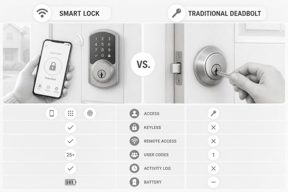 Close-up of a hand using a smartphone to unlock a smart deadbolt on a residential front door, showing the modern alternative to inserting a physical key